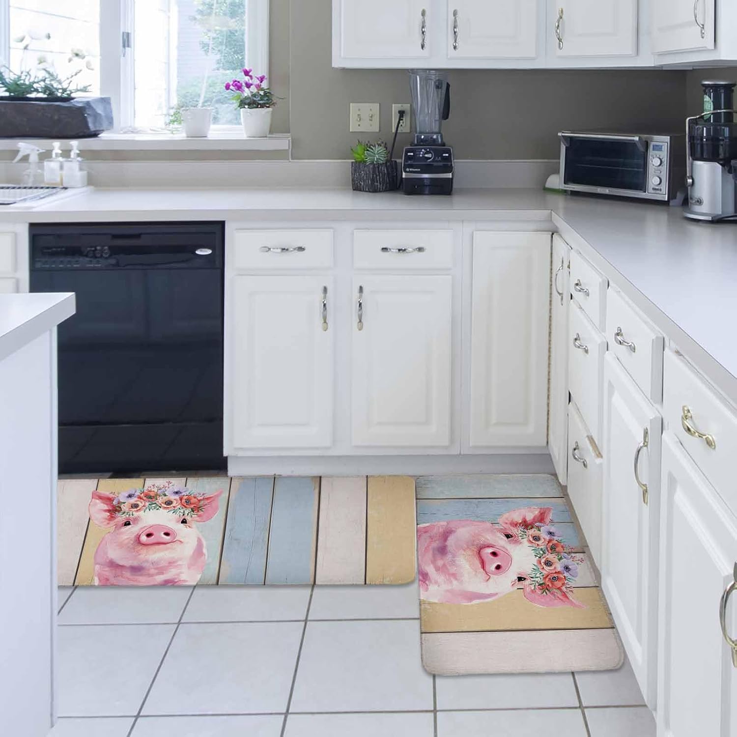 Farmhouse Pig Kitchen Rugs and Mats Set of 2, Non-Slip Kitchen Sink Mat, Spring Floral Farm Animal Wooden Washable Doormat Bathroom Rugs Runner for Bedroom/Living Room 17.7"x30"+17.7"x59"