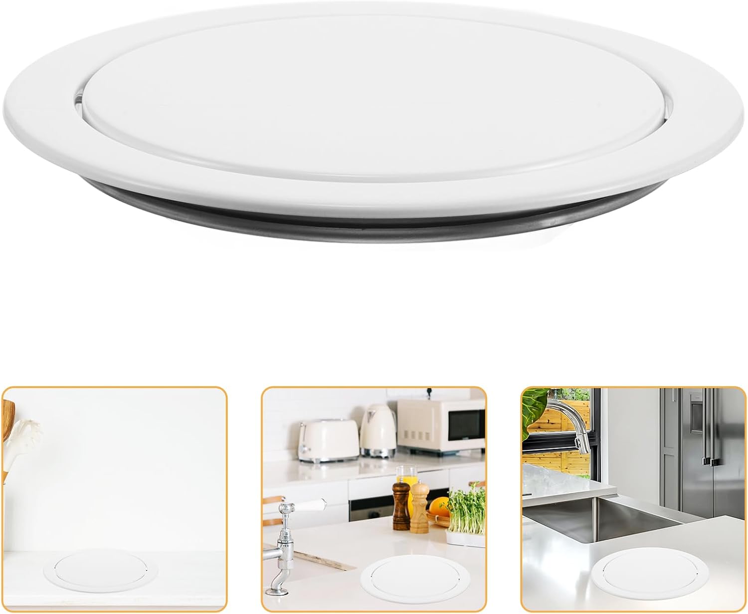 Built-in Countertop Trash Bin Lid Recessed Countertop Trash Can Lid Metal Round Drop in Trash Chute Cover Stainless Steel Trash Grommet Waste Basket Swing Garbage Can Lid White (M: 23.80X23.80X3.00cm)