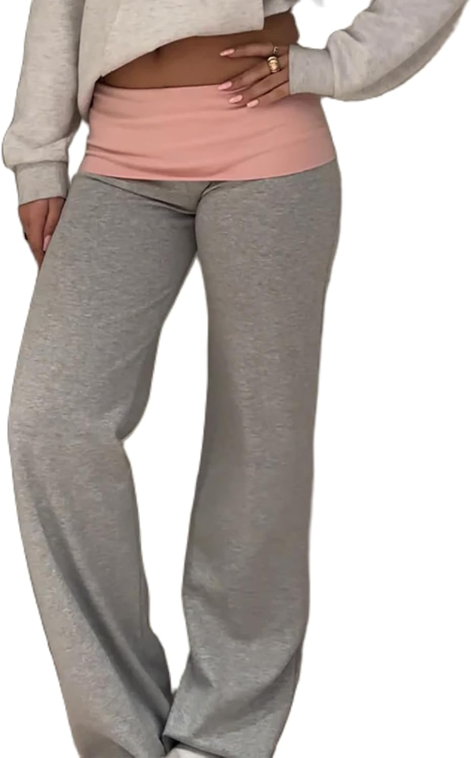 FOMOYUU Women's Fold Over Lounge Pants Low Rise Wide Leg Yoga Sweatpants Stretchy Bell Bottoms Leggings Roll Over Pants