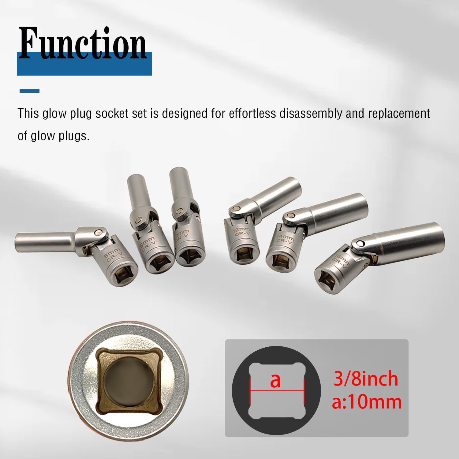 6PCS 3/8" Glow Plug Socket Set, Universal Joint 8-16mm, 6 Point Glow Plug Removal Tool for Removal and Replacement of Glow Plugs