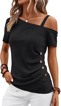 EasyGala Womens Off Shoulder Tops Summer Asymmetrical Shirts Short Sleeve Button Ruched Blouses 2025