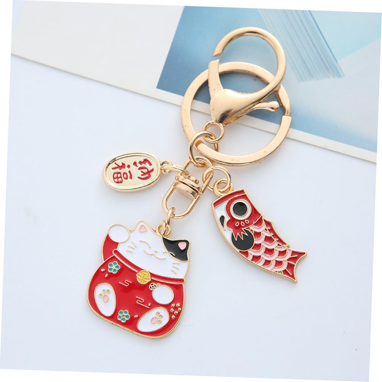 NOLITOY Llavero Temático de Gato Fortuna 2 Piezas Rojo y Azul Colgante Decorativo para Mochila Escolar y Bolso Llavero de Dibujos Animados para Año