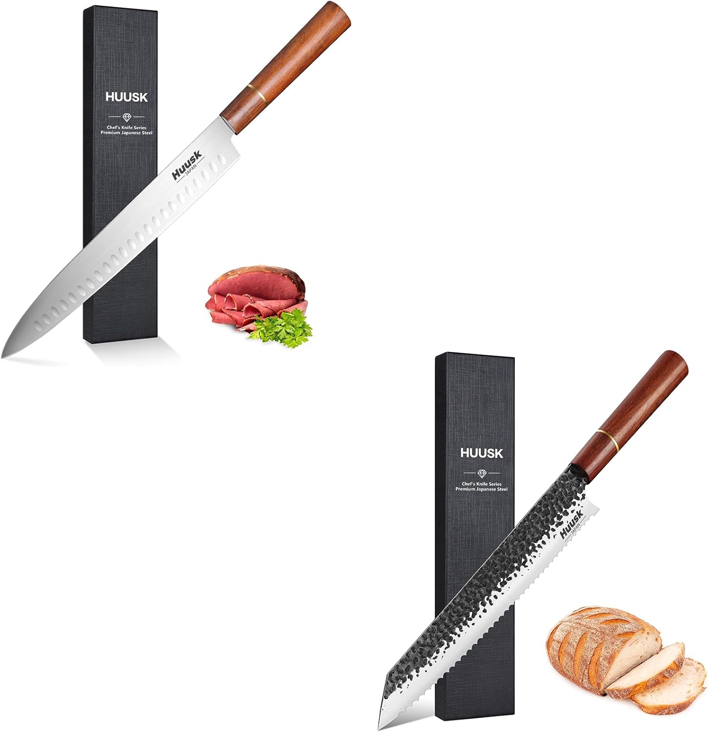Huusk 9.7 Inch Long Serrated Bread Knife Bundle with Brisket Slicing Knife Hand Forged Meat Cutting Knife for Slicing