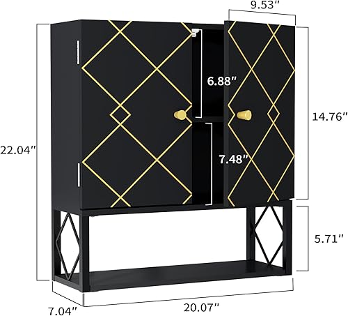 Miniatura 3 de VOXANOXI Armario de baño con borde dorado, botiquín de madera con puertas y estantes ajustables, para colgar sobre el inodoro para baño, lavandería,