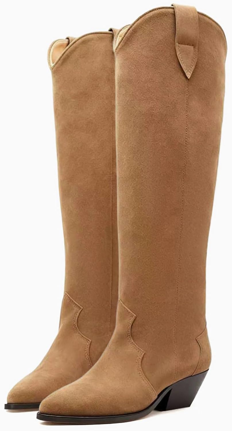 Suede Cowboy Boots for Women Pointed Toe Cowgirl Knee High Boots Chunky Heels Tall Boot Dressy Pull on Wide Calf Fashion Casual