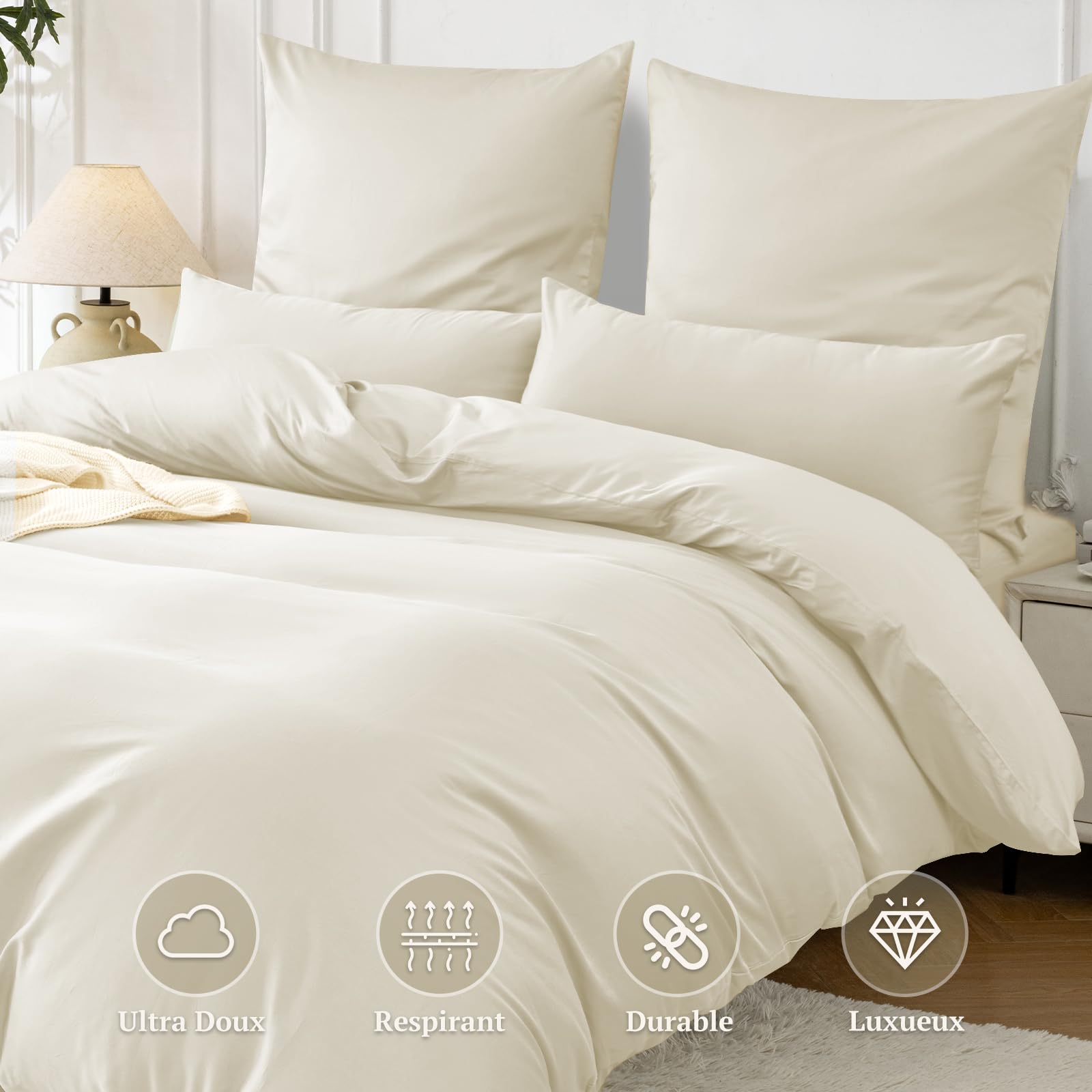 SOULFUL Housse de Couette 240 x 260 Satin de Coton avec 2 Taies d'oreiller 65x65 cm - Soyeux et Respirant - 100% Coton à Longues Fibres - Beige Parure de Lit 240 x 260 Coton avec Fermeture Éclair - 2