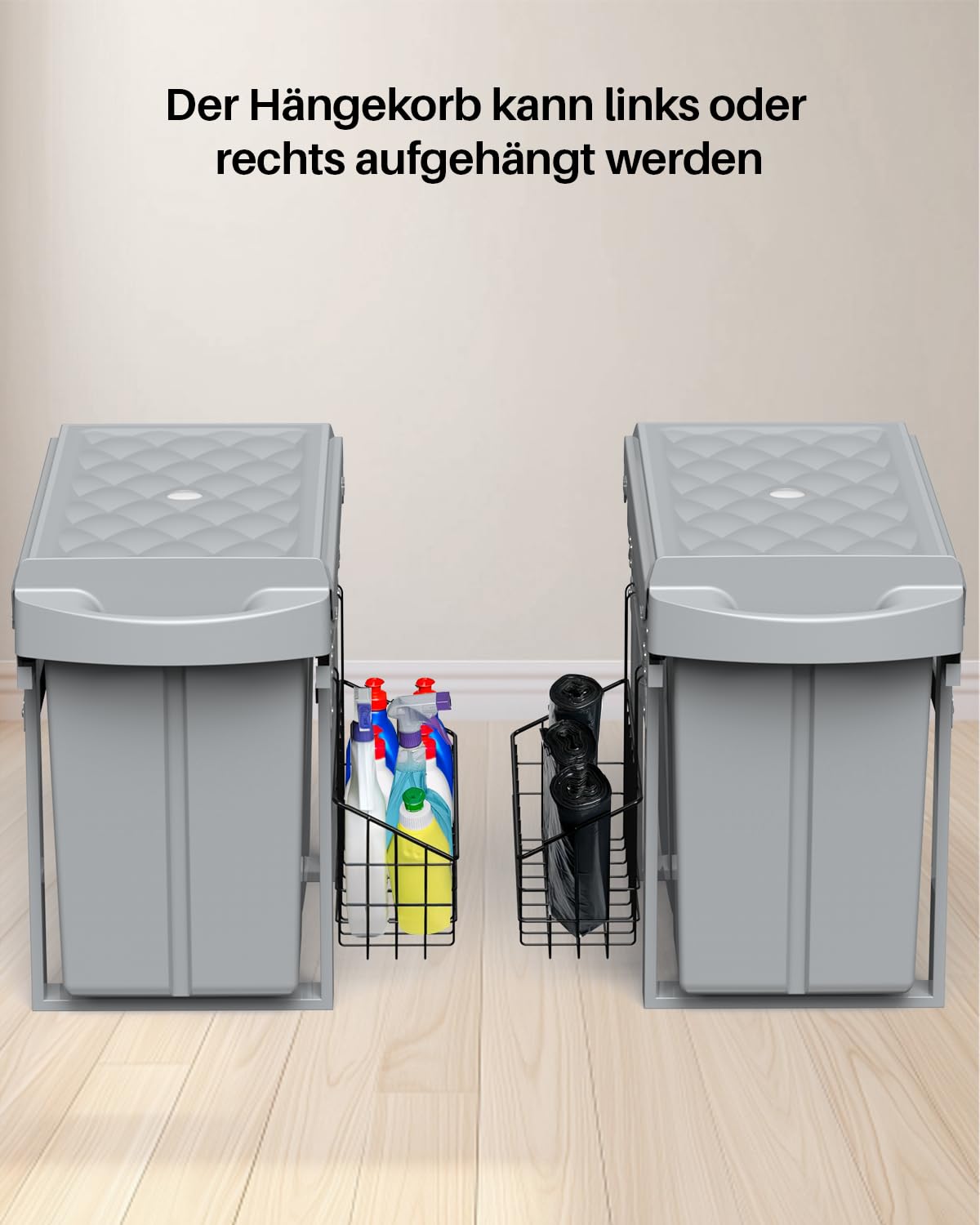 lovewind Abfallsammler Tandem 10L+20L, Mülltrennsystem Unterschrank mit kugelgelagerten Teleskopschienen, seitlichem Hängekorb, Vollauszug für Schränke ab 300mm Breite, Schiefergrau