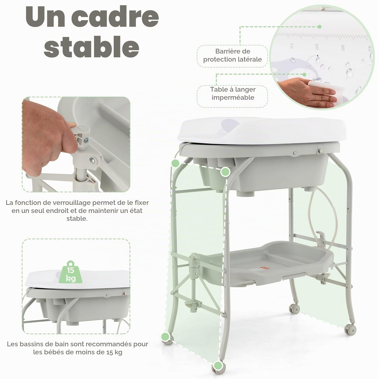 LIFEZEAL Table à Langer Baignoire Pliable PP+PVC, Commode à Langer Bébé avec Etagère de Rangement et Roues Universelles, Tube de Fer, Charge de 35 kg, 0-12 mois (Gris clair)