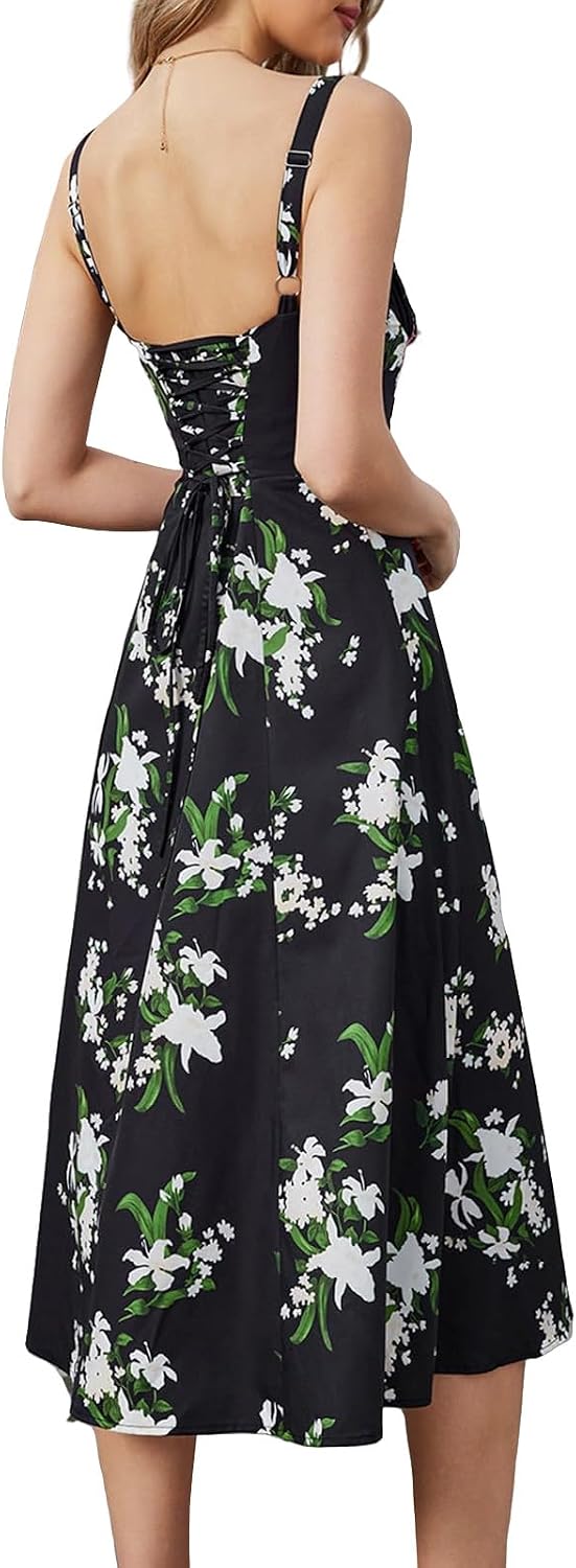 Elegant Corset Dress for Women Flowy Slit Wedding Guest Midi Dresses Summer Sleeveless Dress A Line Sundress