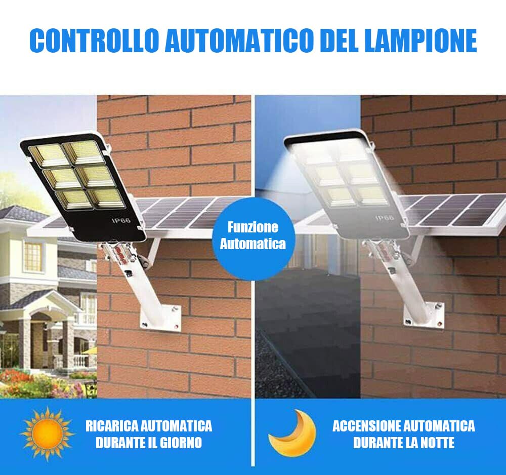 LAMPIONE SOLARE 600W FARO LED SMD CON PANNELLO SOLARE TELECOMANDO SENSORE CREPUSCOLARE ILLUMINAZIONE IP65 COLORE BIANCO FREDDO 6550K