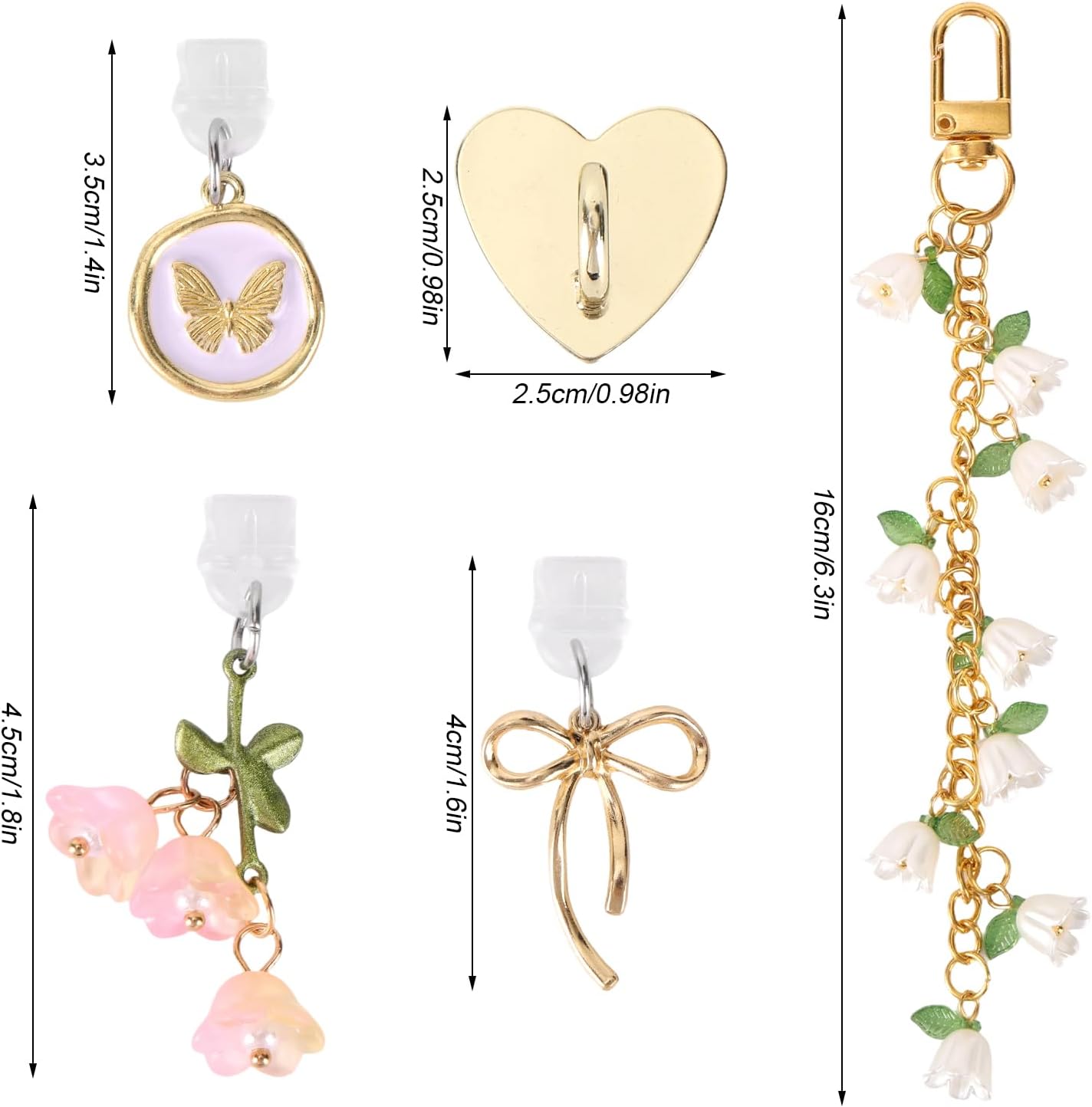 5pcs Mobile Phone Charm Set, Cute Flower Chain Charm with Heart Grip Holder & Dust Plug Ornaments Compatible with Kindle Paperwhite E-Reader Phone