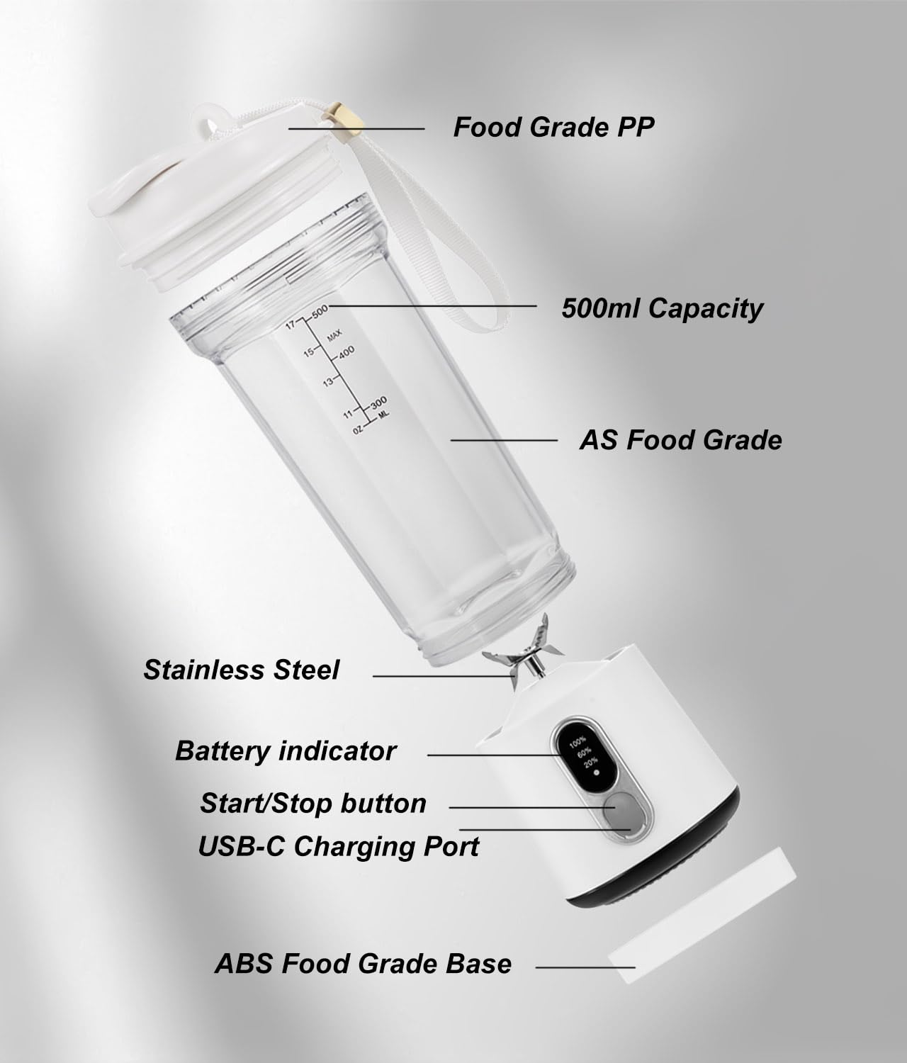 Mixseur Portable 500ml pour Shakes et Smoothies, Mixseur Personnel Rechargeable USB-C 4000mAh, 6 Lames en Acier Inoxydable, Mixseur Sans Fil de Voyage pour Salle de Sport, Extérieur, Cuisine
