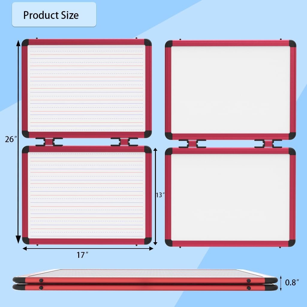 Dry Erase Board, 17x13 inch with 4 Sides Magnetic Whiteboard, A3 Foldable Small White Board with Lines, Perfect for Office, School, and Home. (Red)
