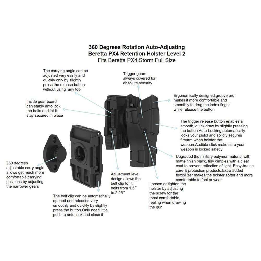 Custodia Beretta PX4 Storm OWB Rotazione 360° Blocco Automatico Ritenzione Livello 2 Mano Destra Tattica Caccia Esterno