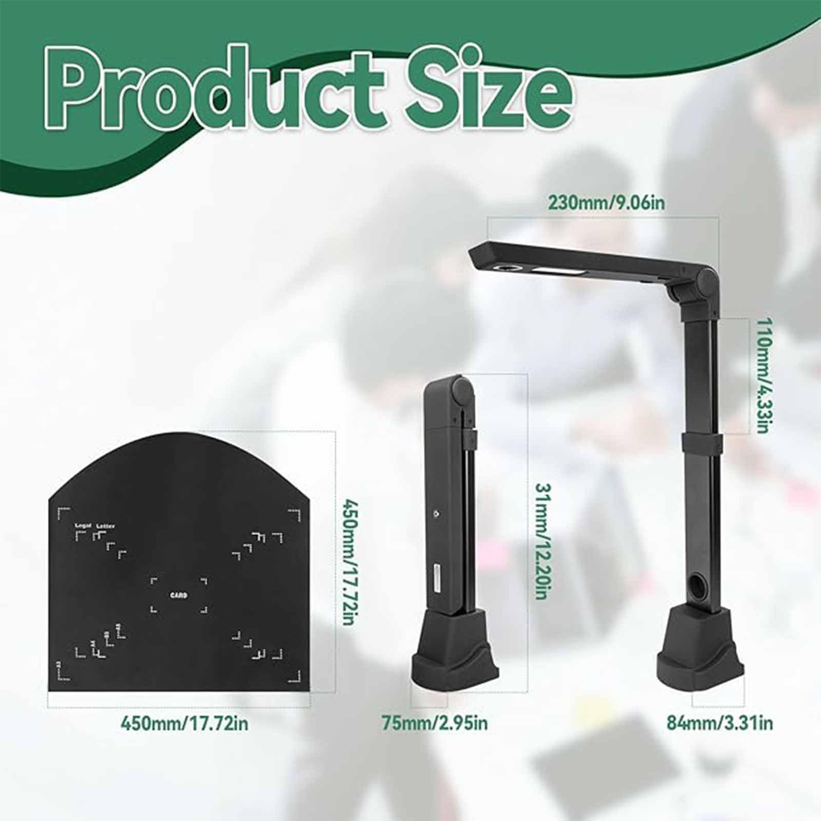 Escáner de cámara de documentos, 12 MP con luz LED, reconocimiento de texto OCR, corrección automática de desviación, proyección en tiempo real, PDF de varias páginas