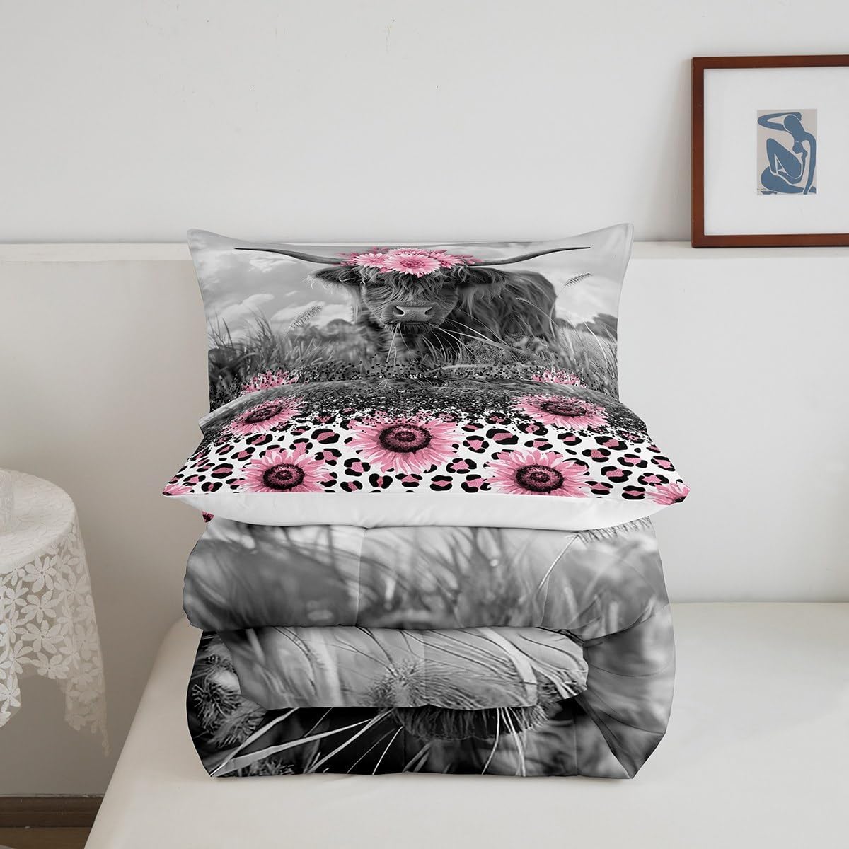 Feelyou Highland Cow Bedding Set Girls Pink Farmhouse Bull Cattle Comforter Set King Size Sunflower Leopard Print Comforter for Women Men Room Decor Floral Glitter Print Quilt Set