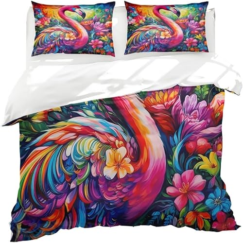 Juego de ropa de cama de flamenco, juego de funda de edredón con estampado de flamencos para niñas, flores rosas, tamaño individual, funda de
