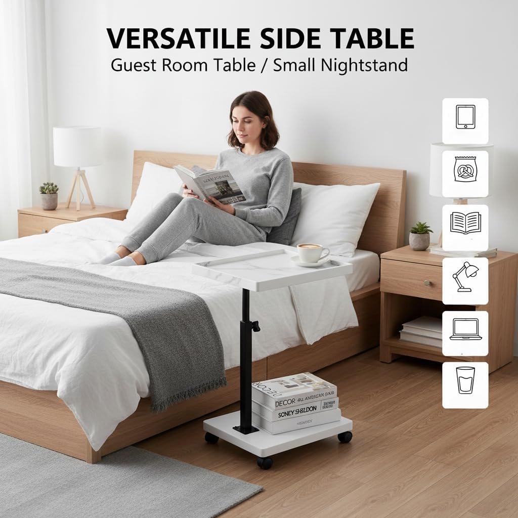 C Table End Table Adjustable Height,C Shaped End for Couch，Snack Tables,360°Swivel TV Tray Sofa Table,Tables that Slide Under,Coffee SideTable for Bed,Chair,Bath-tub (White Grain Color)