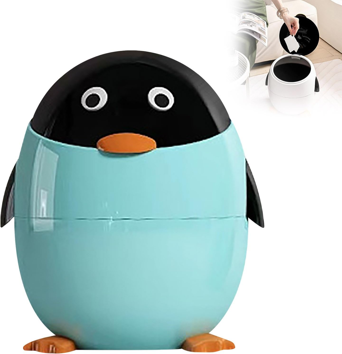 Cartoon Penguin Plastic Trash Can with Lid, Creative Kitchen Waste Bins, Cute Penguin Countertop Garbage Bin for Kitchen Home Dressing Office Kids Bedroom Classroom (Blue)