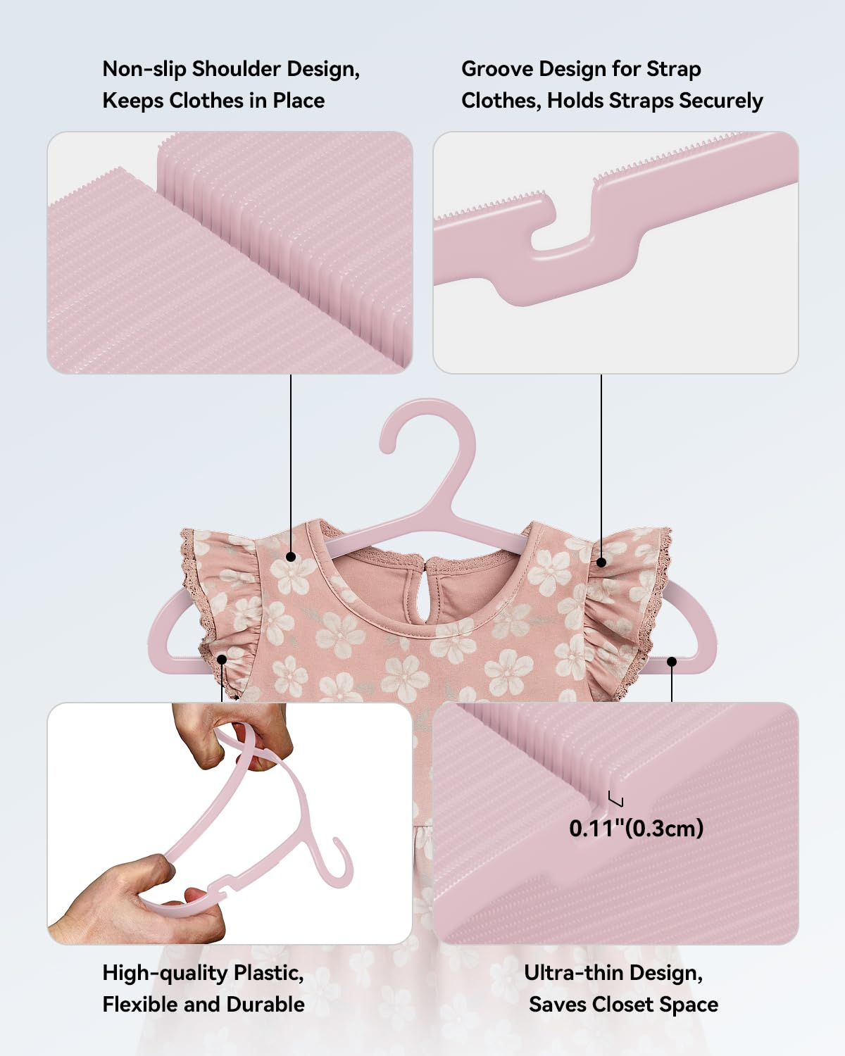 ABHENG 60 Unidades Perchas para Niños de Plástico, Ahorro de Espacio Perchas para Bebés, Antideslizantes, Ultra-Delgadas, 35An x 17,5cm, Rosa, APY0760P