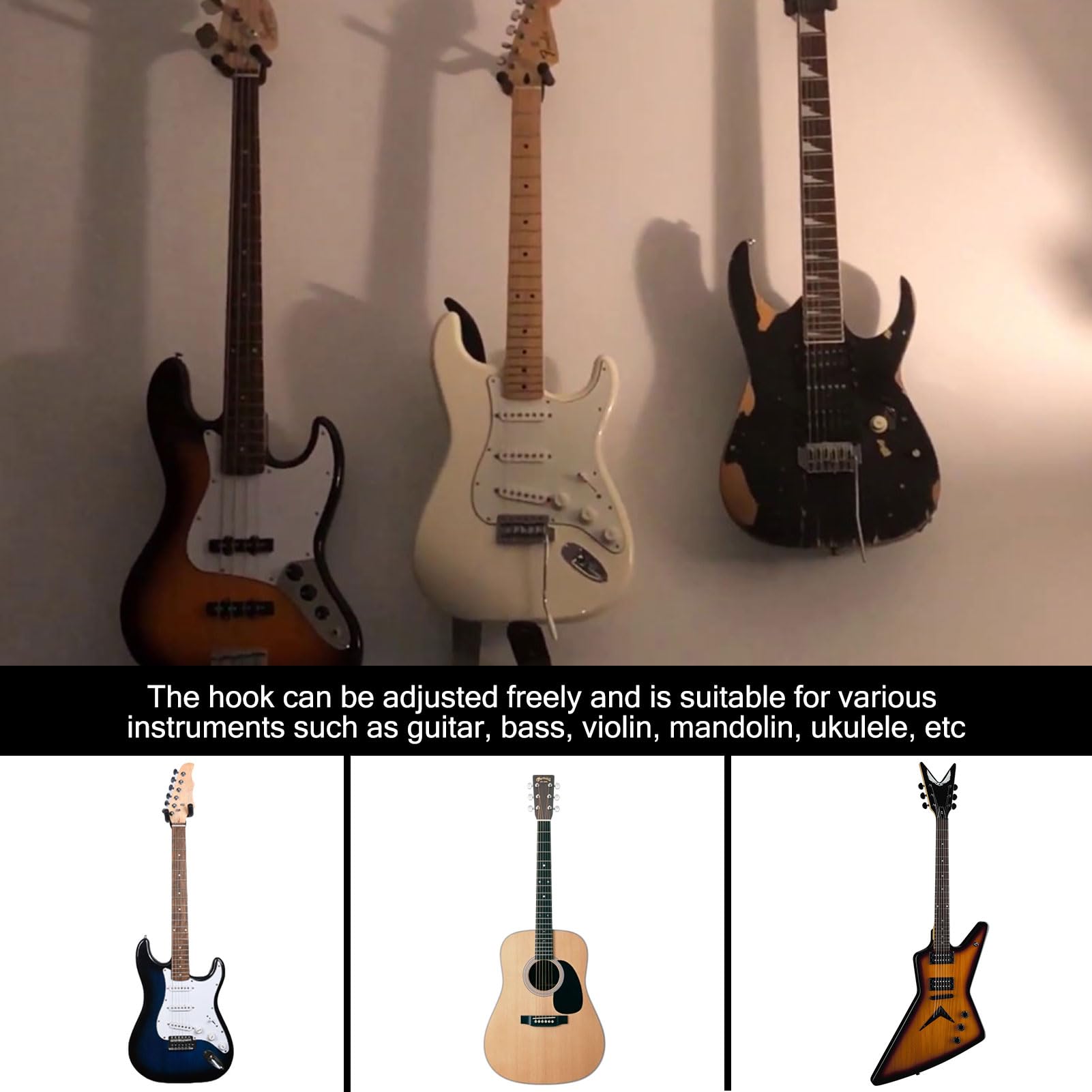 Protection Instruments Support Mural Guitare MengH-SHOP Pack De 4 - Crochet Réglable Pour Guitare Acoustique, Basse, Ukulele Rangement Guitare Acoustique
