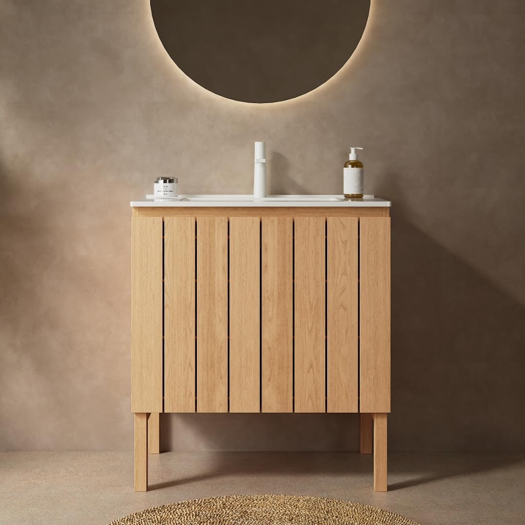 30" Bathroom Vanity with Sink, Modern Freestanding Bathroom Storage Cabinet with 2 Soft Close Doors, White Ceramic Basin Without Faucet, Natural Wood