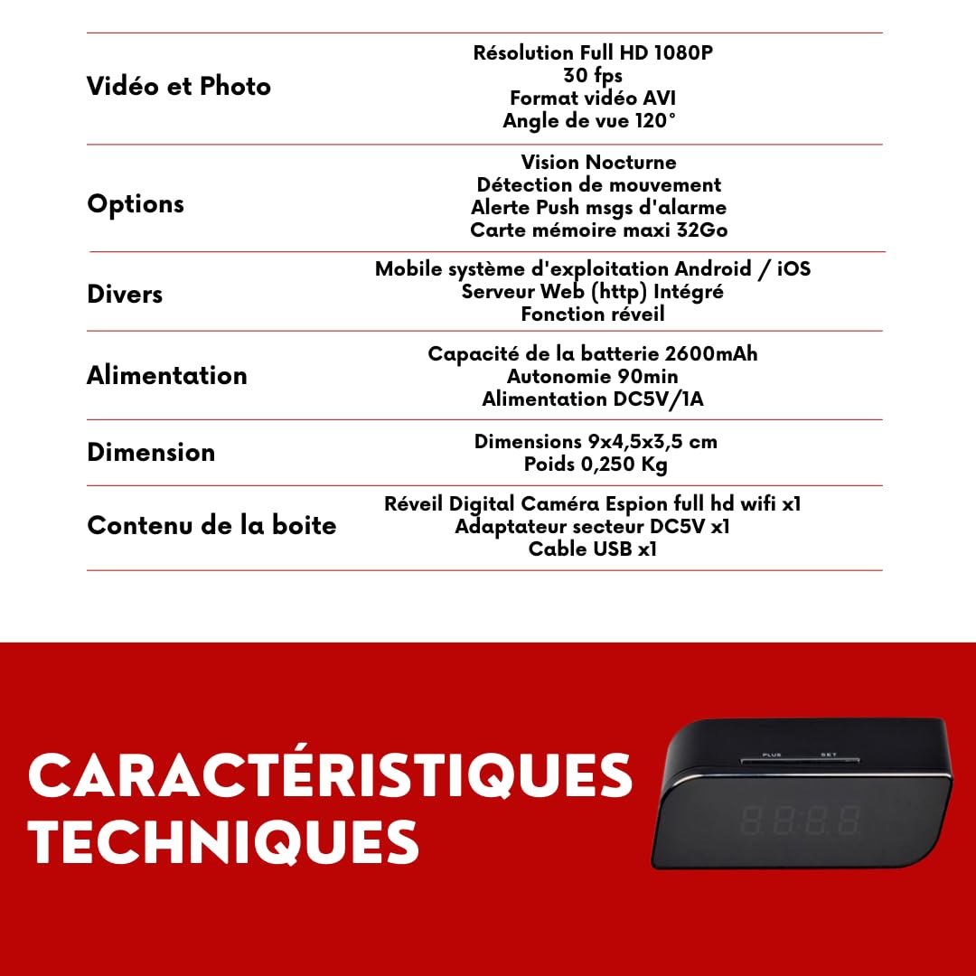 Genérico Mini Reloj despertador Cámara Espía Full HD 1080P WiFi