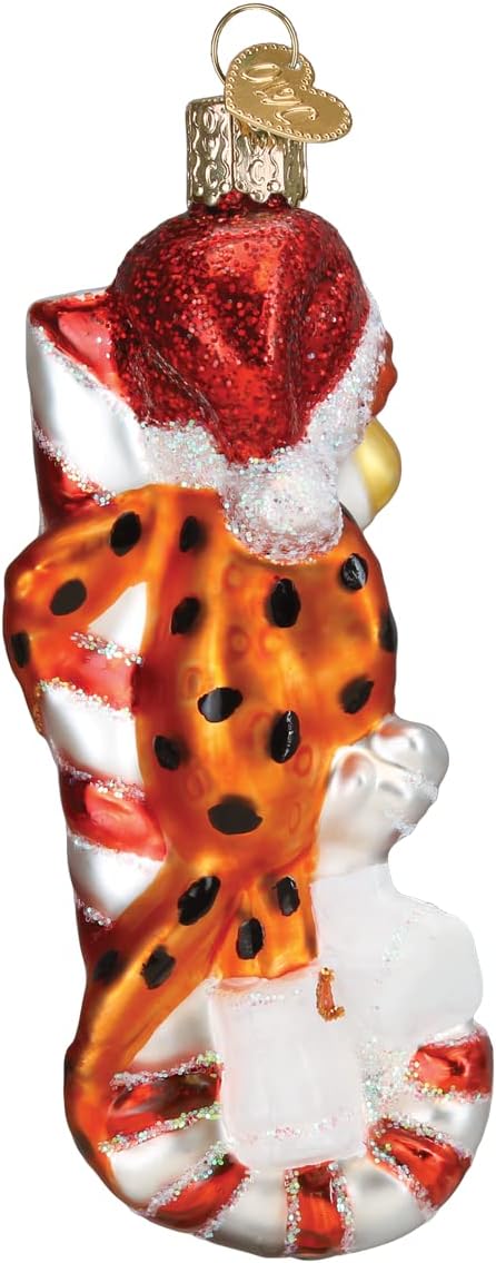 Old World Christmas Chester Cheetah on Candy Cane Glass Blown Ornament for Christmas Tree, Handcrafted Holiday Decoration, Snack Collection