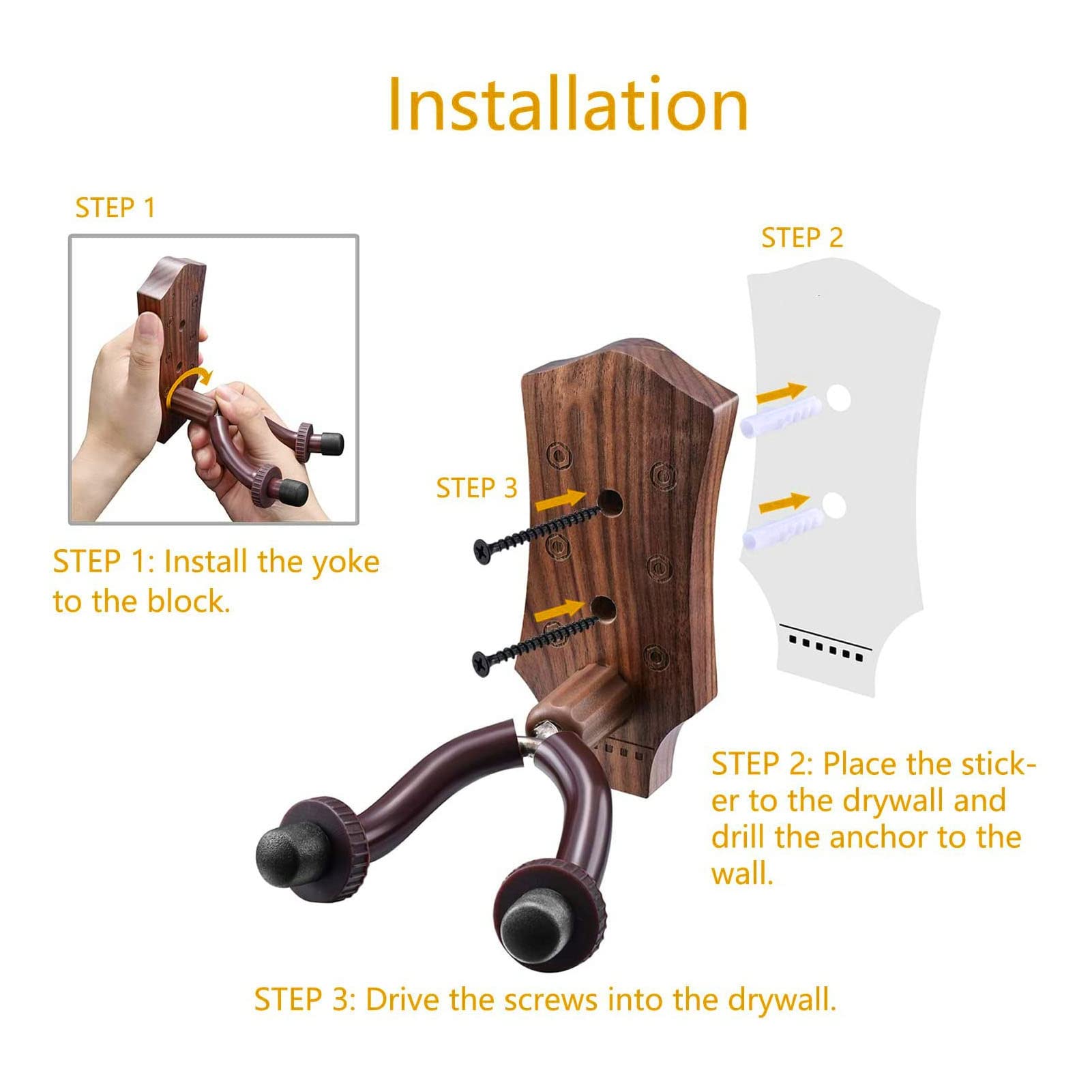 LINRAX Supporto Da Parete Per Chitarra, 2 Pezzi, Gancio Chitarra In Noce Nero Con Viti, Porta Chitarra Da Muro Per Chitarra Acustica Chitarra Elettrica Basso Banjo Mandolino, Appendi Chitarra Da Muro - 5
