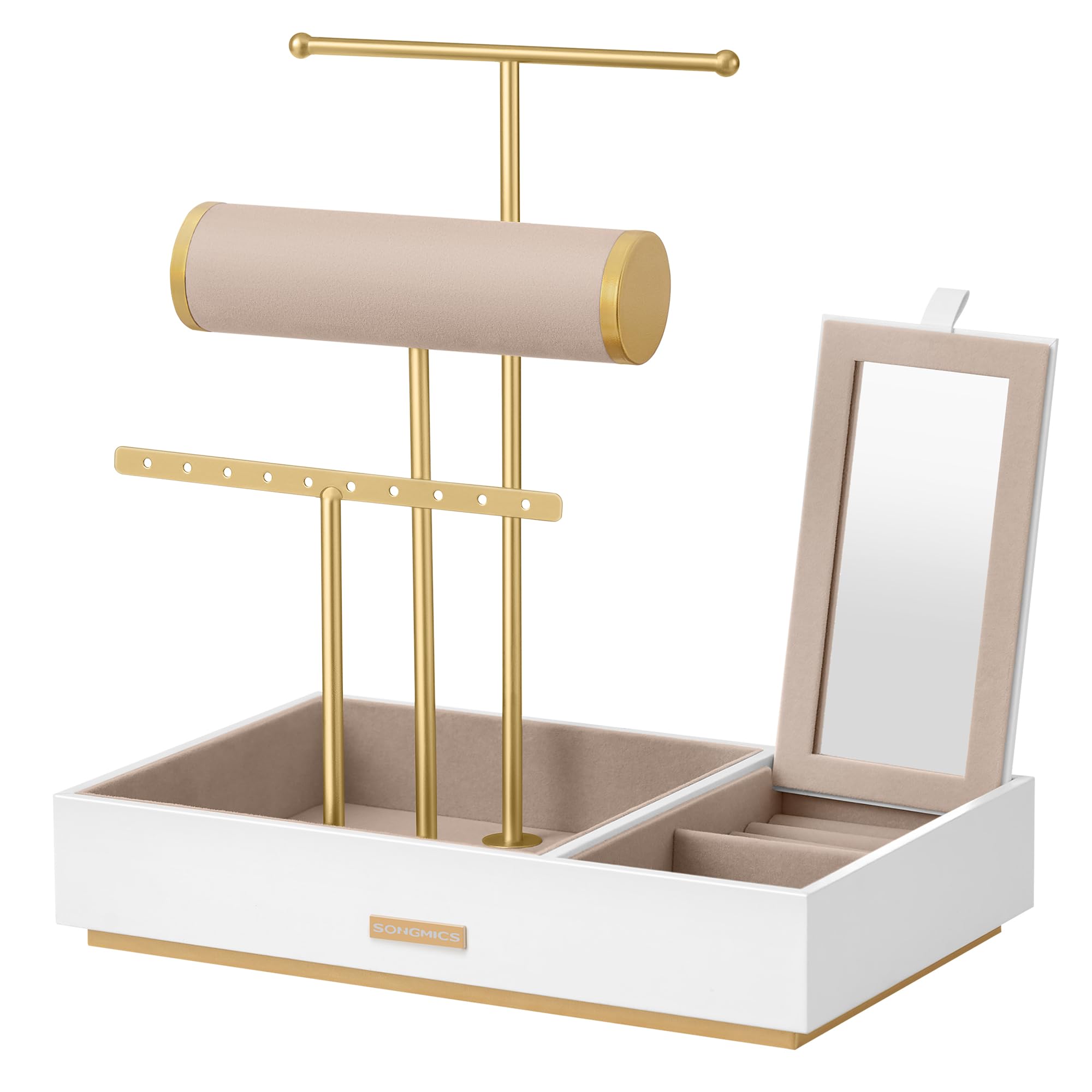 SONGMICS Porte-bijoux, Organisateur de Bijoux, Support Accessoires, en Métal et Bois, pour Colliers, Bracelets, Boucles d'oreilles, Bagues, Blanc et Doré JJS022W01