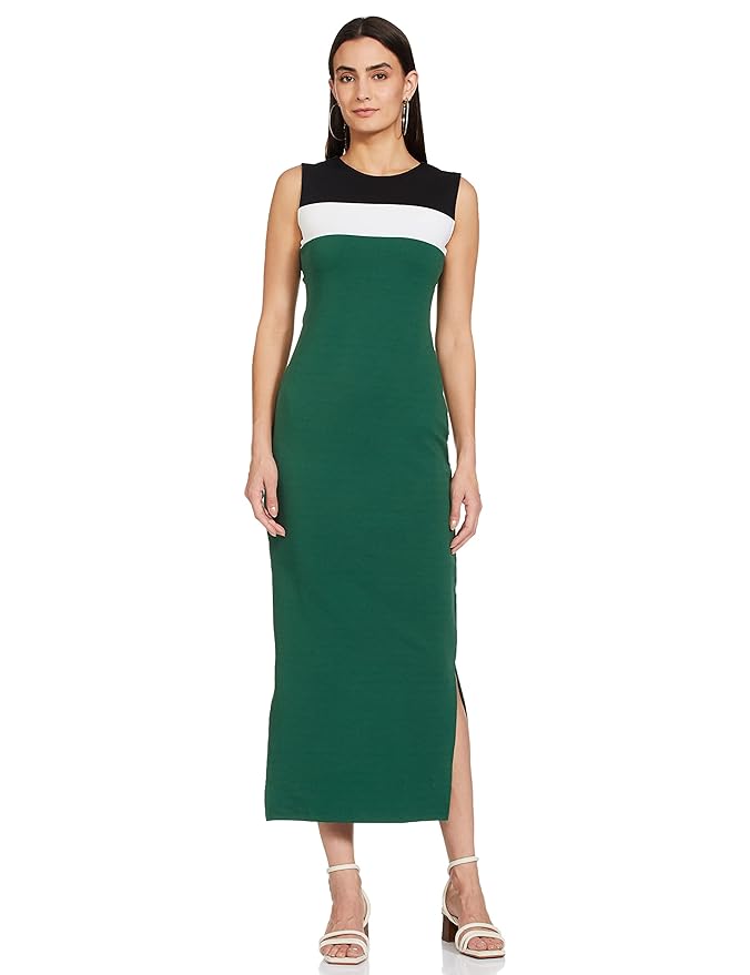 Symbol Women's Crepe Bodycon One Piece Maxi Length Dress (with Color Block)