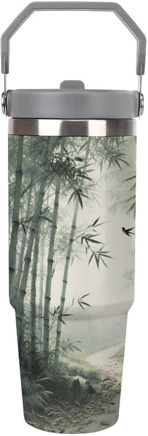 30 Oz Insulated Mug with Handle Lid And Straw Path in The Bamboo Forest Pattern Large Metal Sports Bottle Great for Gifts Parties Office Coffee