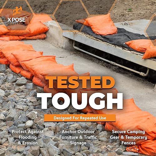 Image of Xpose Safety Heavy Duty Sand Bags with Tie Strings - Empty Woven Polypropylene Sandbags for Hurricane Flood Protection, 50 lb Capacity, 14 inch x 26 inch, Orange, Pack of 500
