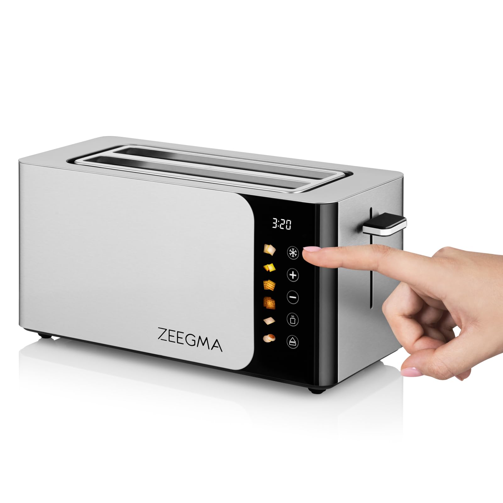 ZEEGMA TOSTEE SMART Tostadora de Pan de 4 Rebanadas de Acero Inoxidable, Soporte para Panecillos 1500 W, Descongelar, Recalentar y Parar, Bandeja para Migas, Panel Táctil con Temporizador, 6 Niveles