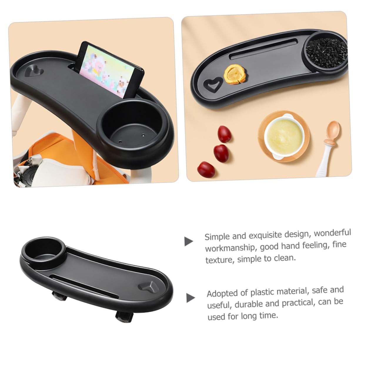 Plateau de Poussette avec Porte-gobelet, en Plastique Noir pour Bébé | Installation Simple et Stable, Facile à Nettoyer, Accessoire pour Poussette et Charriot Bébé
