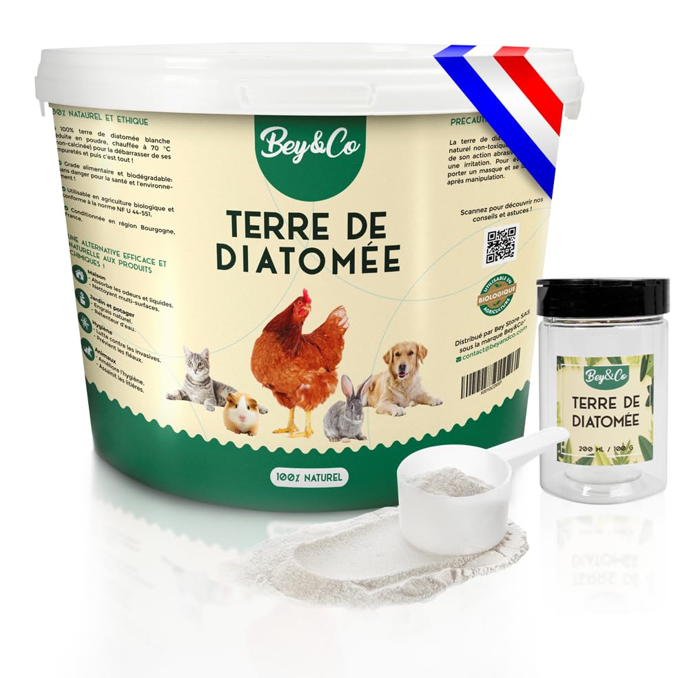 Bey&Co® Terre de Diatomée Alimentaire Blanche Non Calcinée | Hygiène Naturelle Chat  Chien  Poule  Maison  Jardin  Potager (1 5KG)