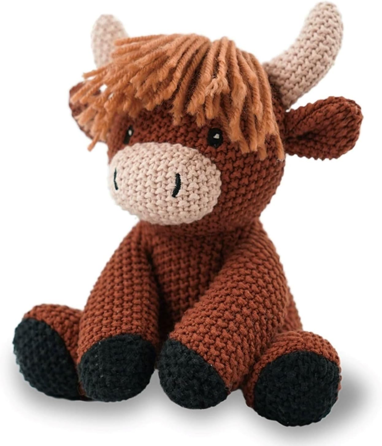 Highland Cow Stuffed Animal 11Inch Hand Knit Highland Cow Plush Toy Handemade Crochet Animals Soft Cotton Stuffed Animal Stuffy Plushie Knitted Animals Cute Baby Doll Birthday Gifts