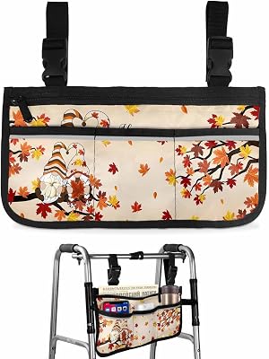 Thanksgiving Wheelchair Side Bag Walker Bag, Fall Orange Maple Tree Leaves Couple Gnomes Wheelchair Accessories Armrest Pouch, Organizer Storage Bag for Walkers, Rollators, Scooters, 7.3''x13''