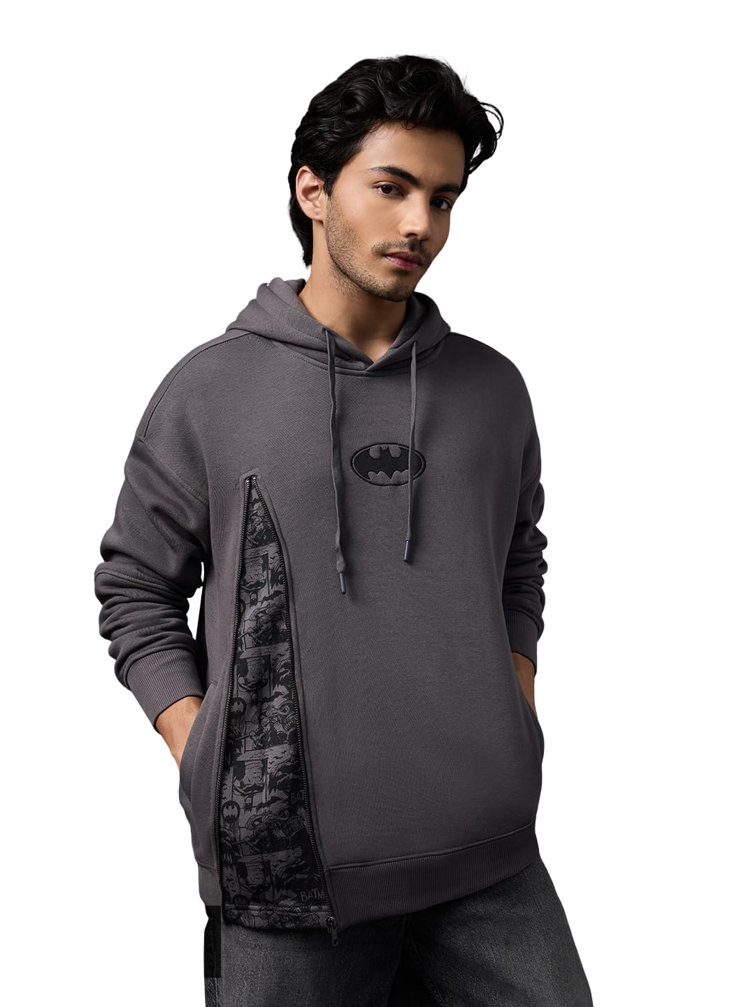 Batman: Comics Men and Boys Full Sleeves Hooded Neck Dark Grey Embroidered Cotton Blend Oversized Fit Premium Heavy Fleece Pullover Hoodie-image-21