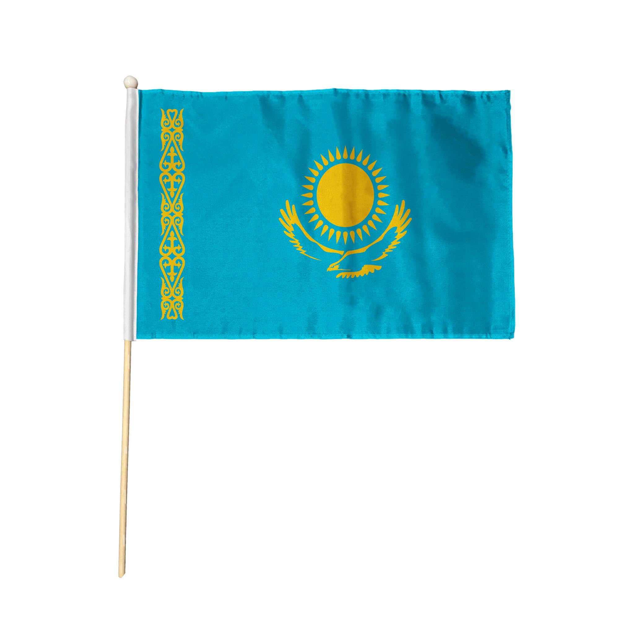 Flagtex Kazakhstan Hand Waving Flag (18x12 Inch Large) - Premium Wooden Stick Hand Flag Big Size Natural Wood Pole Kazakh National Flag Events Parades Celebrations International Sports — image 1