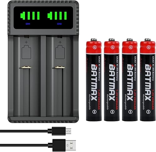 Batmax 4 pilas recargables AAAA Ni-MH + cargador USB dual LED con puerto tipo C para lápiz óptico activo Surface Pen y más baterías A, AA, AAA,
