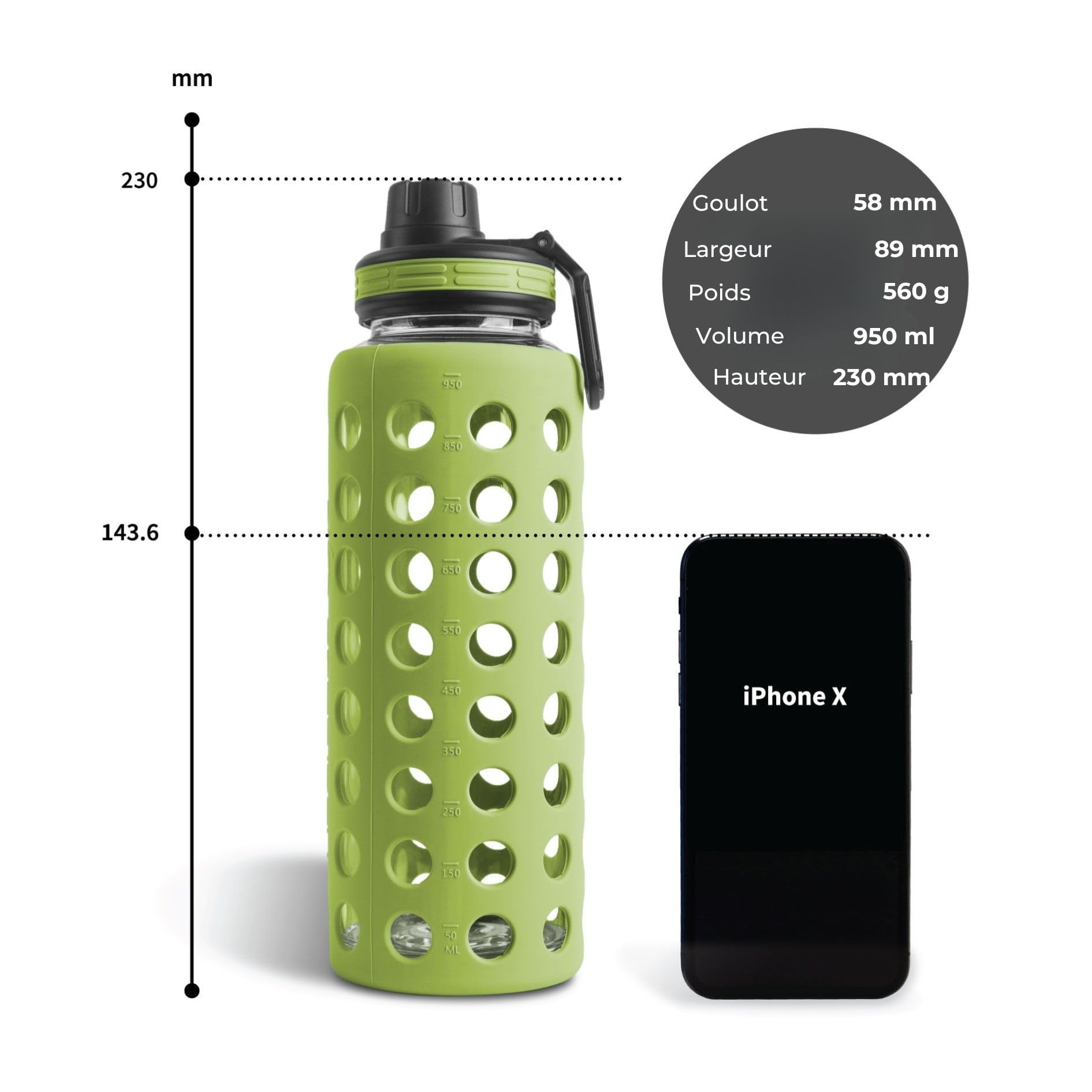 Hydro2Go® Gourde en Verre avec Couvercle en Silicone 950 ML - va au Lave-Vaisselle | 2 couvercles interchangeables | 100% étanche