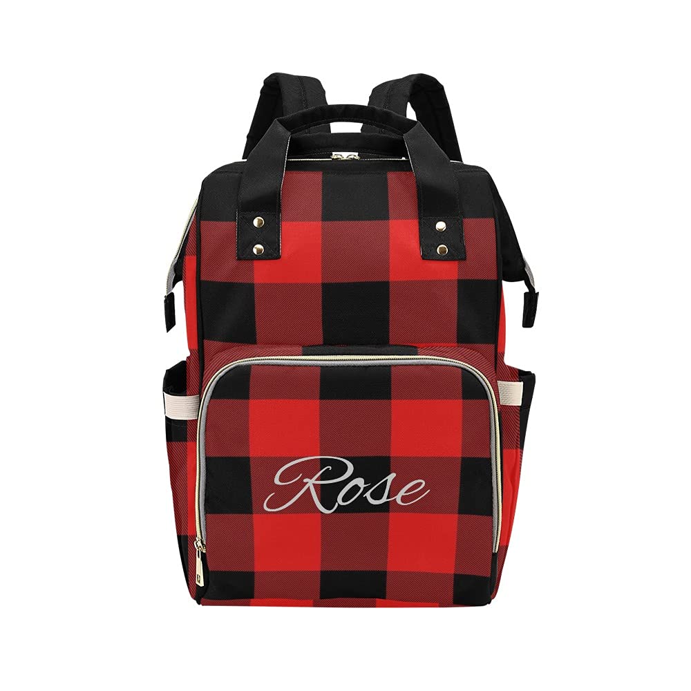 CUXWEOT Personalized Red Black Diaper Bag Backpack with Name Custom Mommy Nursing Baby Bags Nappy Bag Casual Travel Daypack for Mom Girl Gifts
