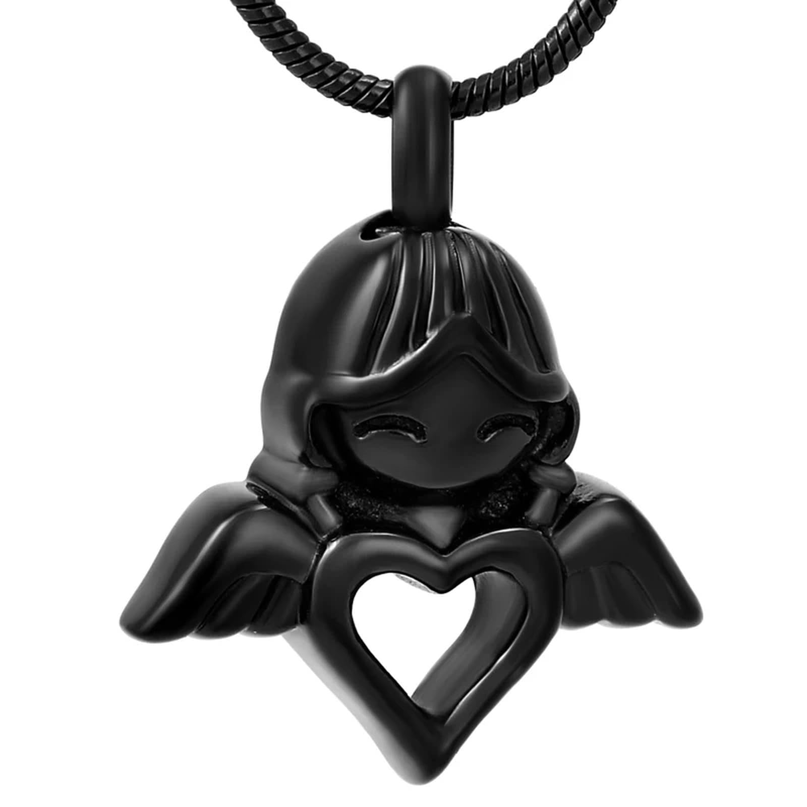 BIAIHQIE Collares de cremación para Cenizas, urna Conmemorativa con Forma de corazón, pequeño y Encantador ángel de niña, Colgante de Recuerdo en Negro, Plata y Oro Rosa