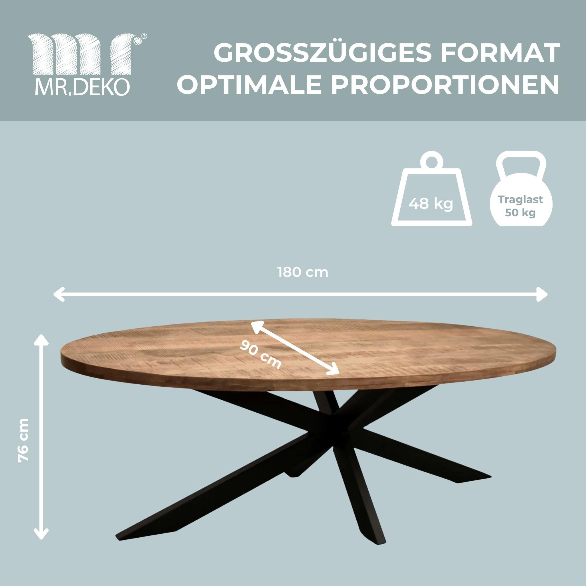 MR. DEKO Esstisch Avola Mango Cross Gestell oval 180x90 cm | Esszimmertisch für 4 Personen | Großer Design Holztisch | Runder Tisch stabil