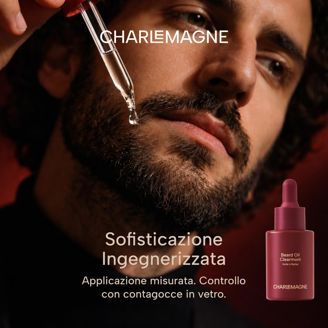Charlemagne Olio Barba per Uomo – 30 ml, Clearmont | Profumo Minimalista – Olio Barba Premium, Ammorbidente e Idratante – Olio di Argan, Jojoba – Allevia il Prurito, Ammorbidisce Peli Irsuti