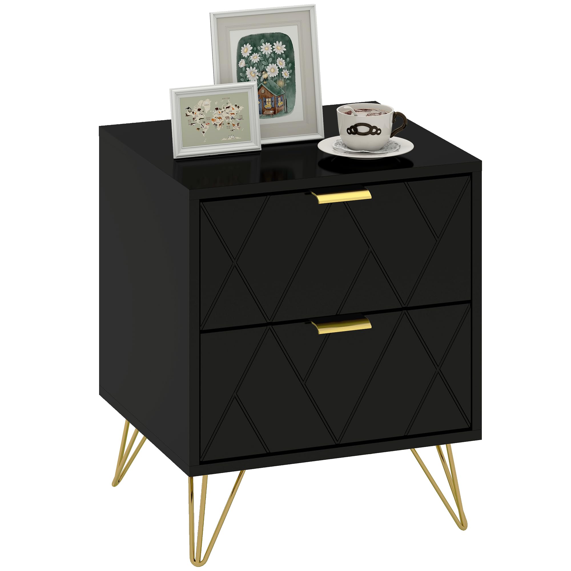 HOMCOM Bedside Table, Modern Nightstand with 2 Drawers, Small Sofa End Table with Storage and Gold Hairpin Legs for Bedroom, Black