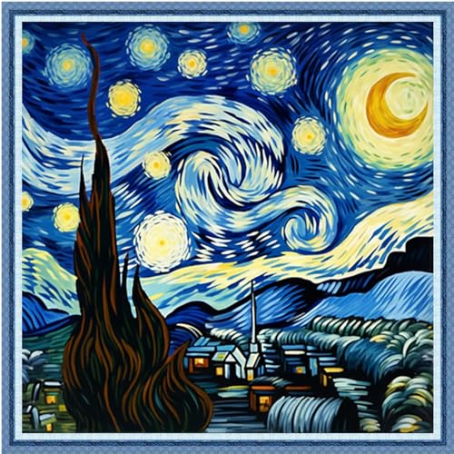 Image of Dimxvean Stamped Cross Stitch Kits,Cross Stitch Kits for Adults Beginners,Embroidery Kits Full Range of Cross Stitch Stamped Kits Needlepoint Kits Cross Stitch Patterns-Van Gogh's starrysky 18x18 inch