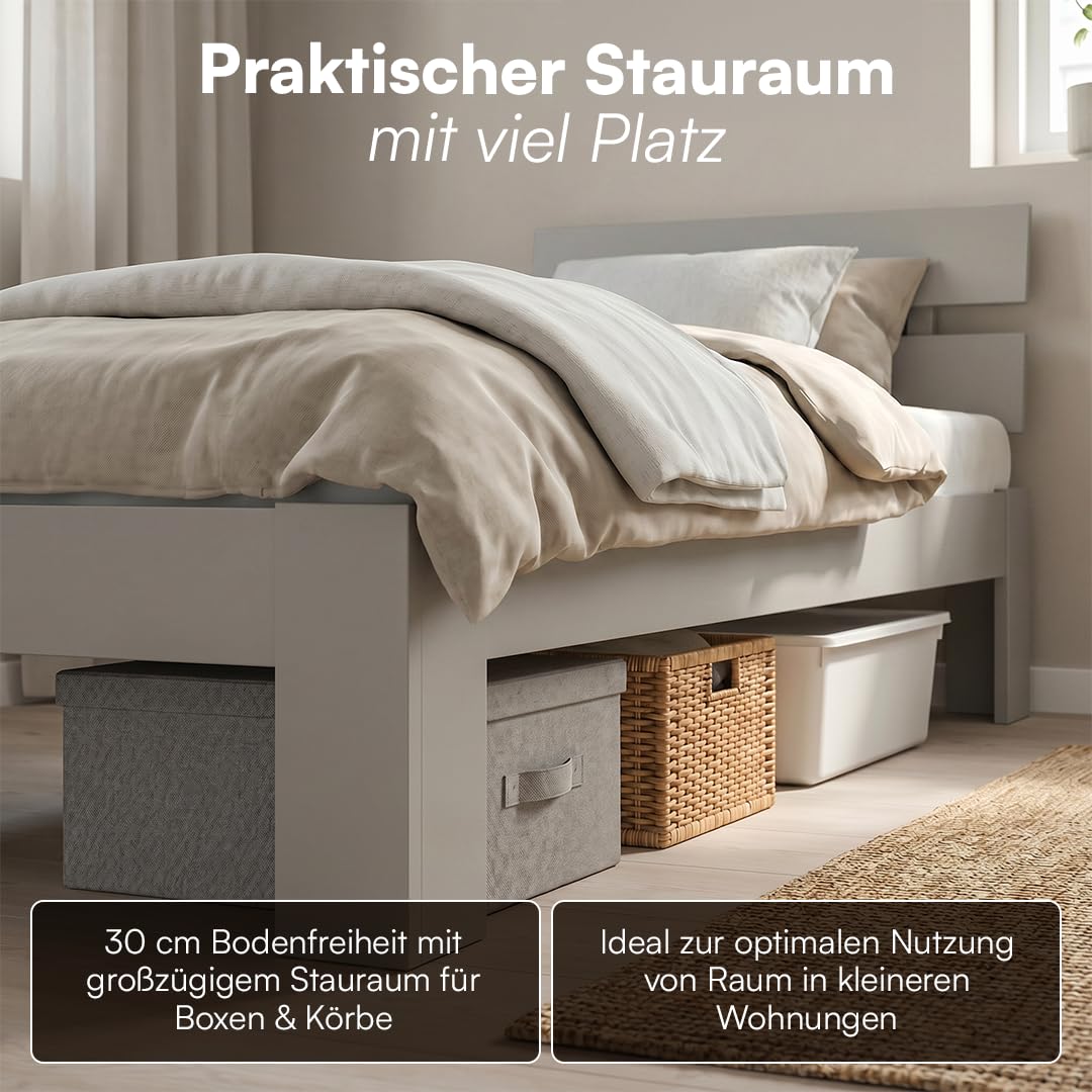 Bellamio Kavir Holzbett 90x200 cm – Massivholzbett mit Lattenrost – Bett aus Kiefer Massivholz in grau lackiert – Bettgestell mit Bettkopf – Stabiler Bettrahmen bis 120 kg – geeignet als Einzelbett