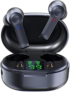 yeacher Fones de ouvido intra-auriculares BT R22 com som estéreo/graves profundos esportivos à prova d'água com display digital LED Fones de ouvido com controle de toque Fones de ouvido sem fio para música/chamada compatível com iOS Android